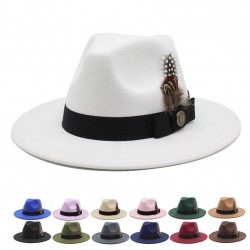 White woolen gentleman's classic British jazz feather hat with a flattering face shape, woolen felt hat for men and women White woolen gentleman's classic British jazz feather hat with a flattering face shape, woolen felt hat for men and women