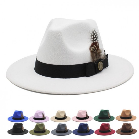 White woolen gentleman's classic British jazz feather hat with a flattering face shape, woolen felt hat for men and women White woolen gentleman's classic British jazz feather hat with a flattering face shape, woolen felt hat for men and women
