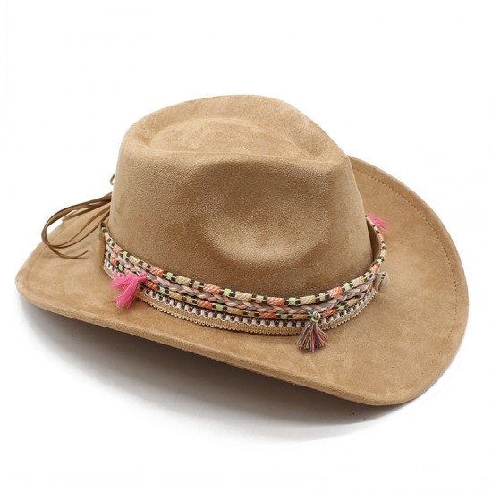 Bohemian European and American style suede western cowboy hat, rolled brim, Tibetan-style jazz hat for ethnic minorities Bohemian European and American style suede western cowboy hat, rolled brim, Tibetan-style jazz hat for ethnic minorities