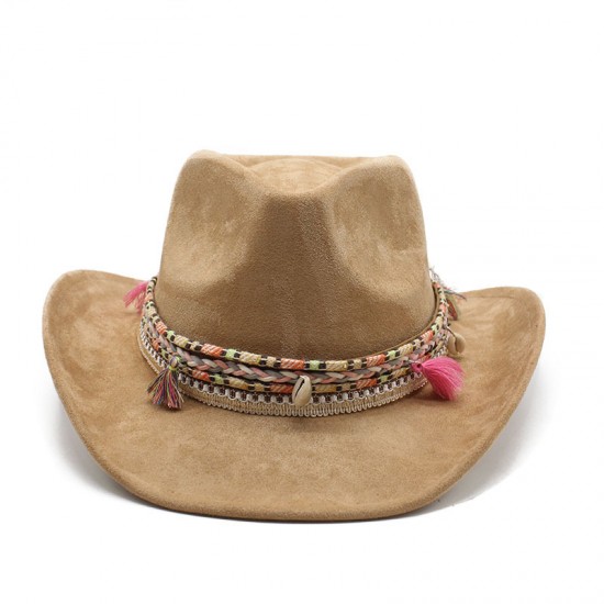 Bohemian European and American style suede western cowboy hat, rolled brim, Tibetan-style jazz hat for ethnic minorities Bohemian European and American style suede western cowboy hat, rolled brim, Tibetan-style jazz hat for ethnic minorities